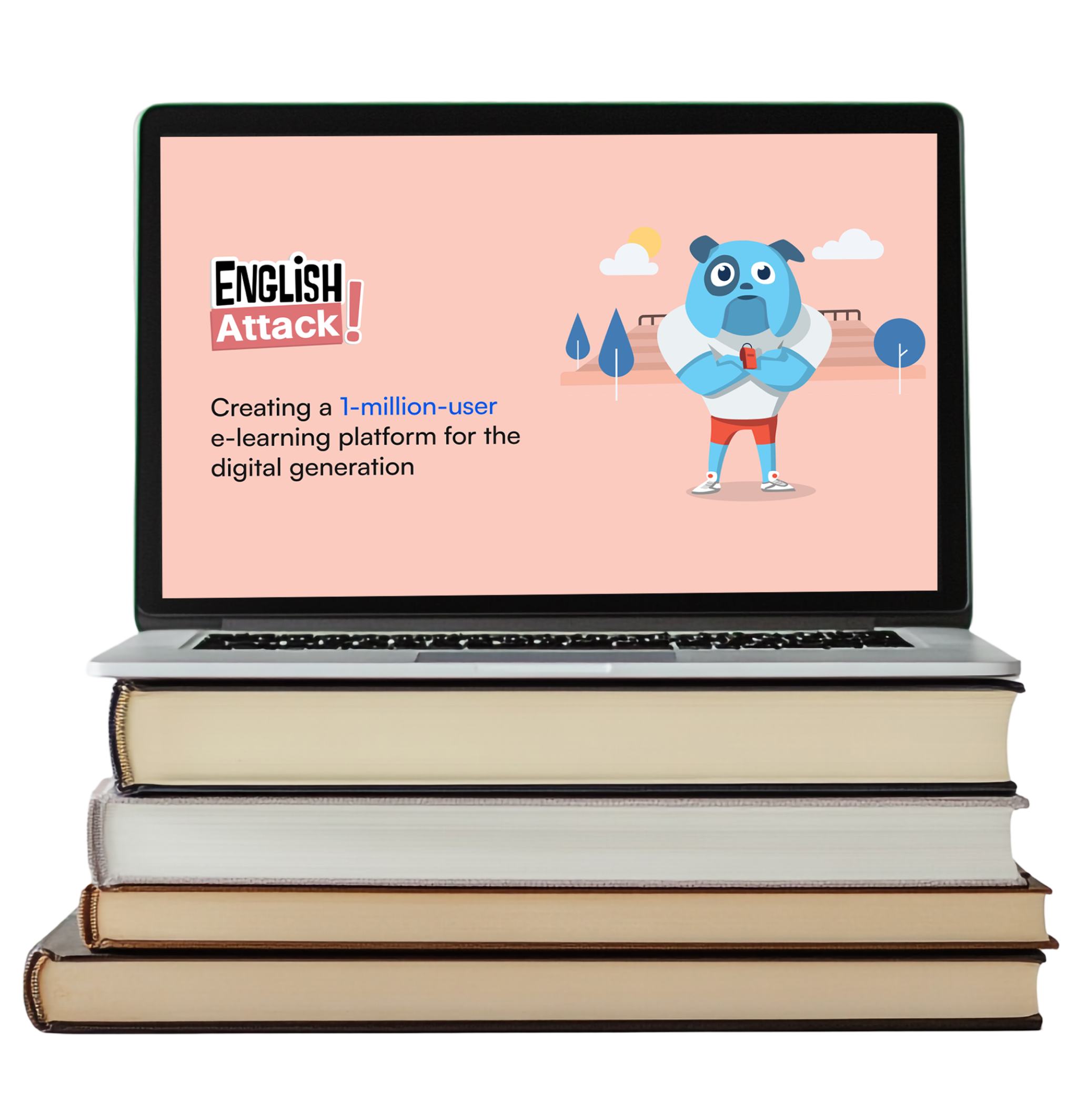 English Attack UI on a laptop screen on top of a stack of books