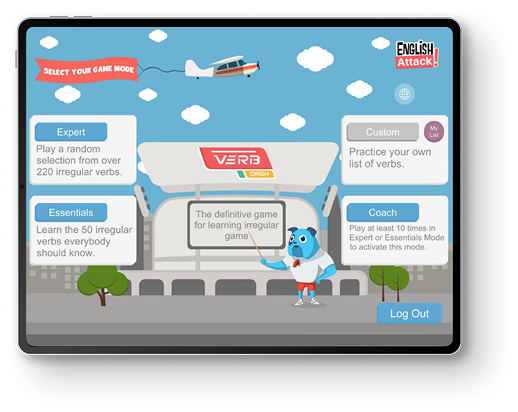 Verb Dash main menu on a tablet.