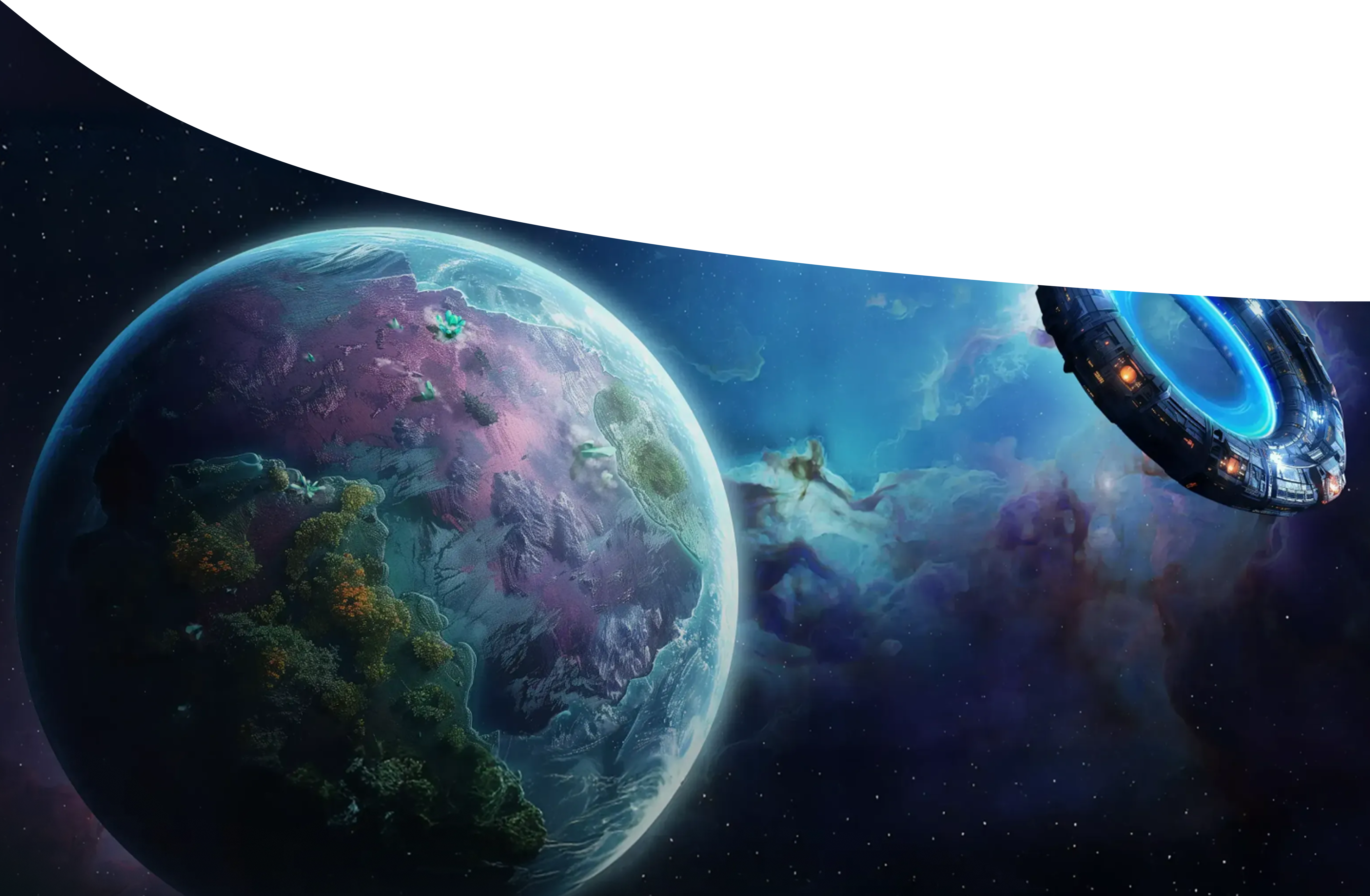 Render of an exotic planet and a spaceship