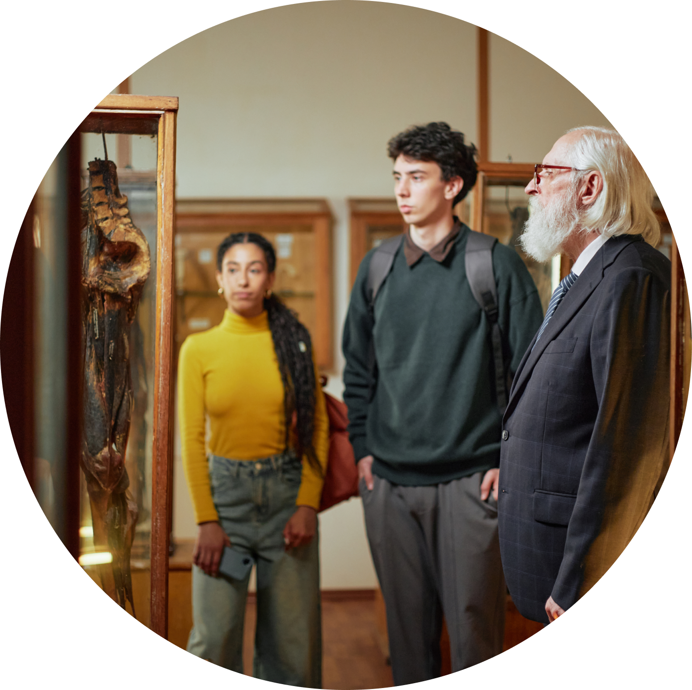 Museum visitors observing an exhibit