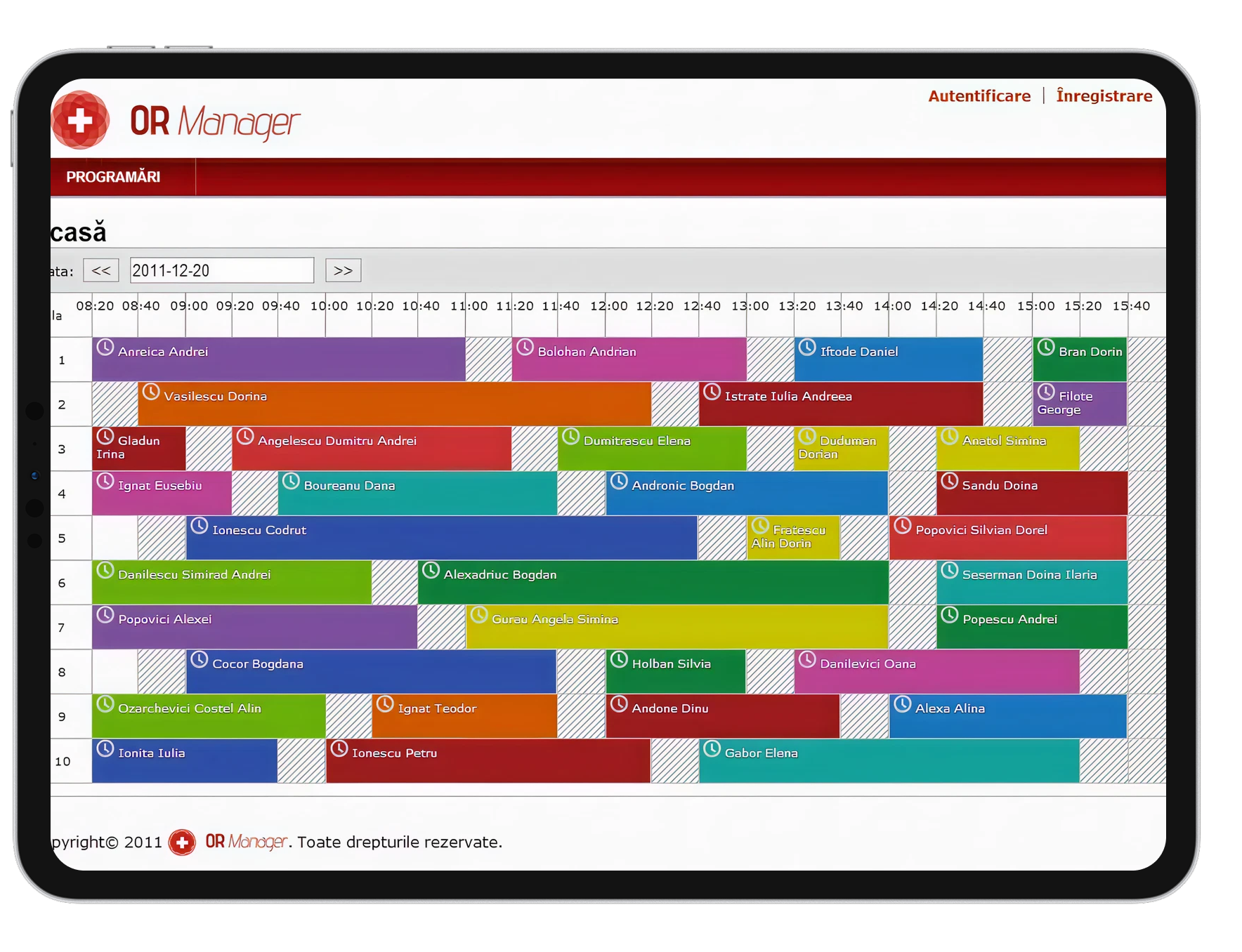 OR Manager schedule on a tablet screen