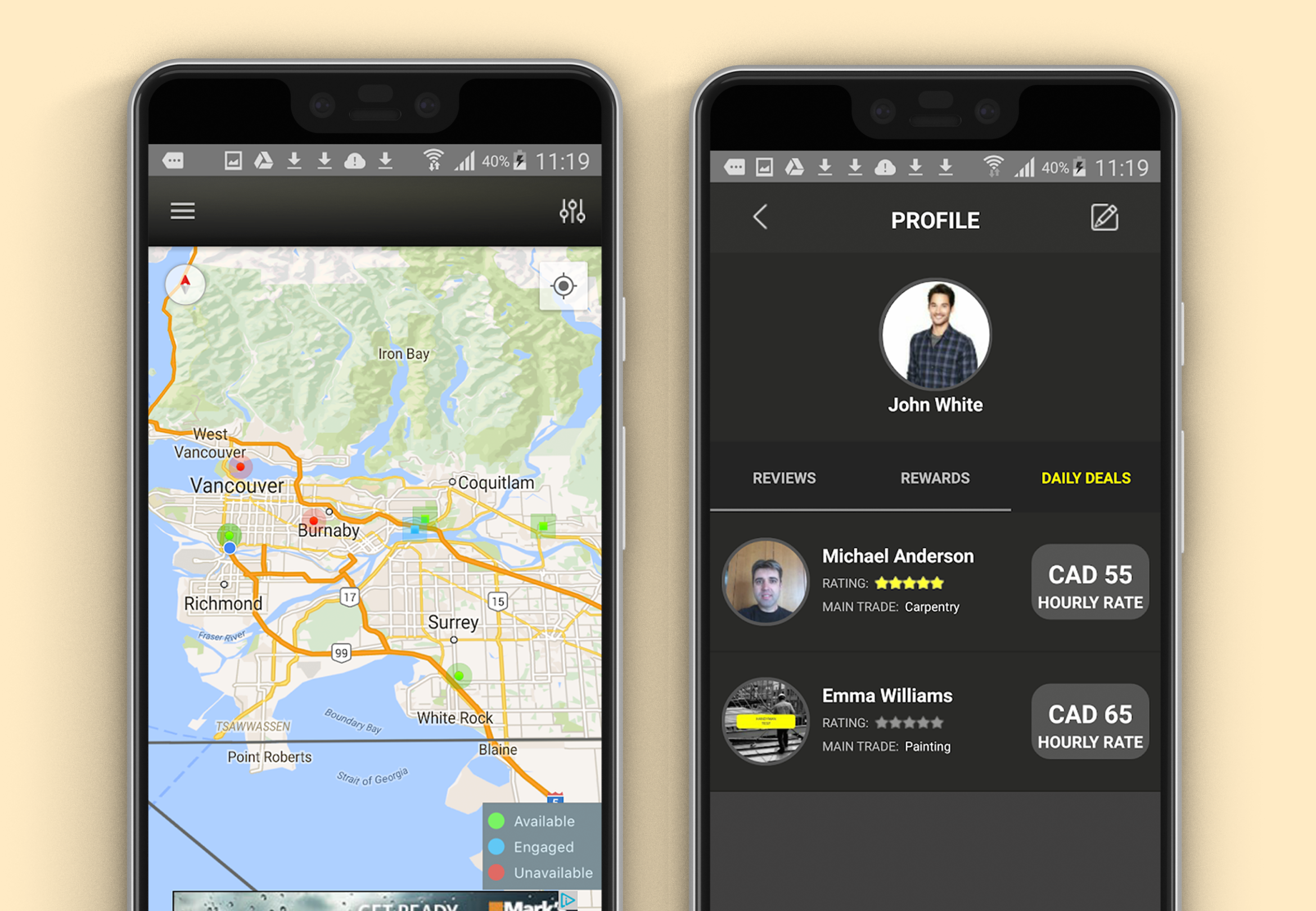 Two mobile devices, one showing a map and the other showing a user profile.