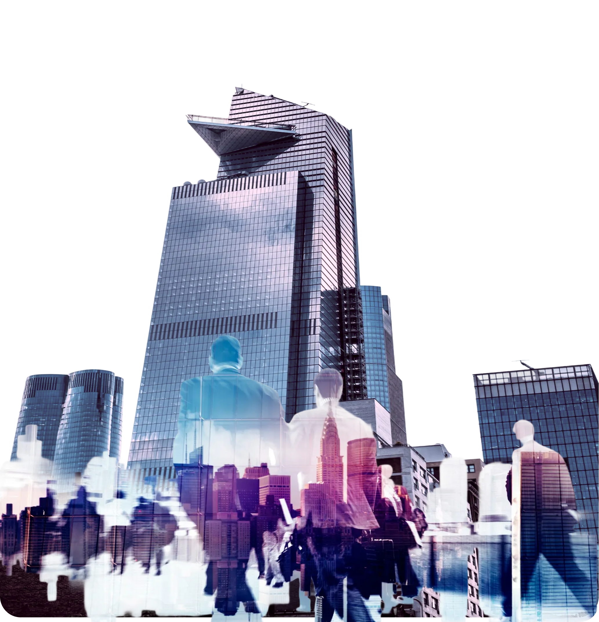 Image of people juxtaposed on an image of a building