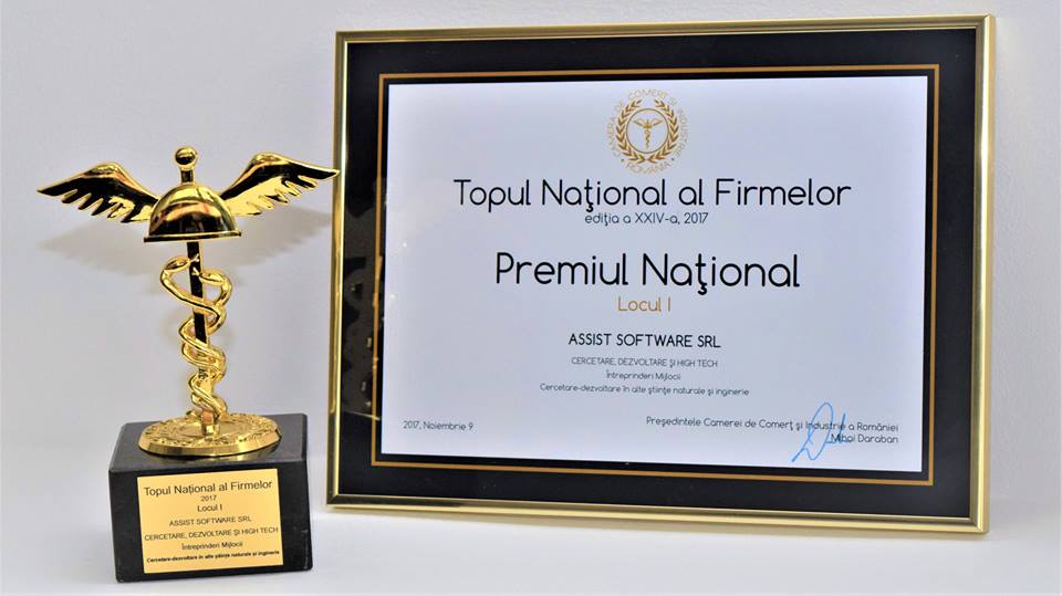 ASSIST Software trophy and diploma for R&D and High-Tech National Top of Romanian Companies 2017