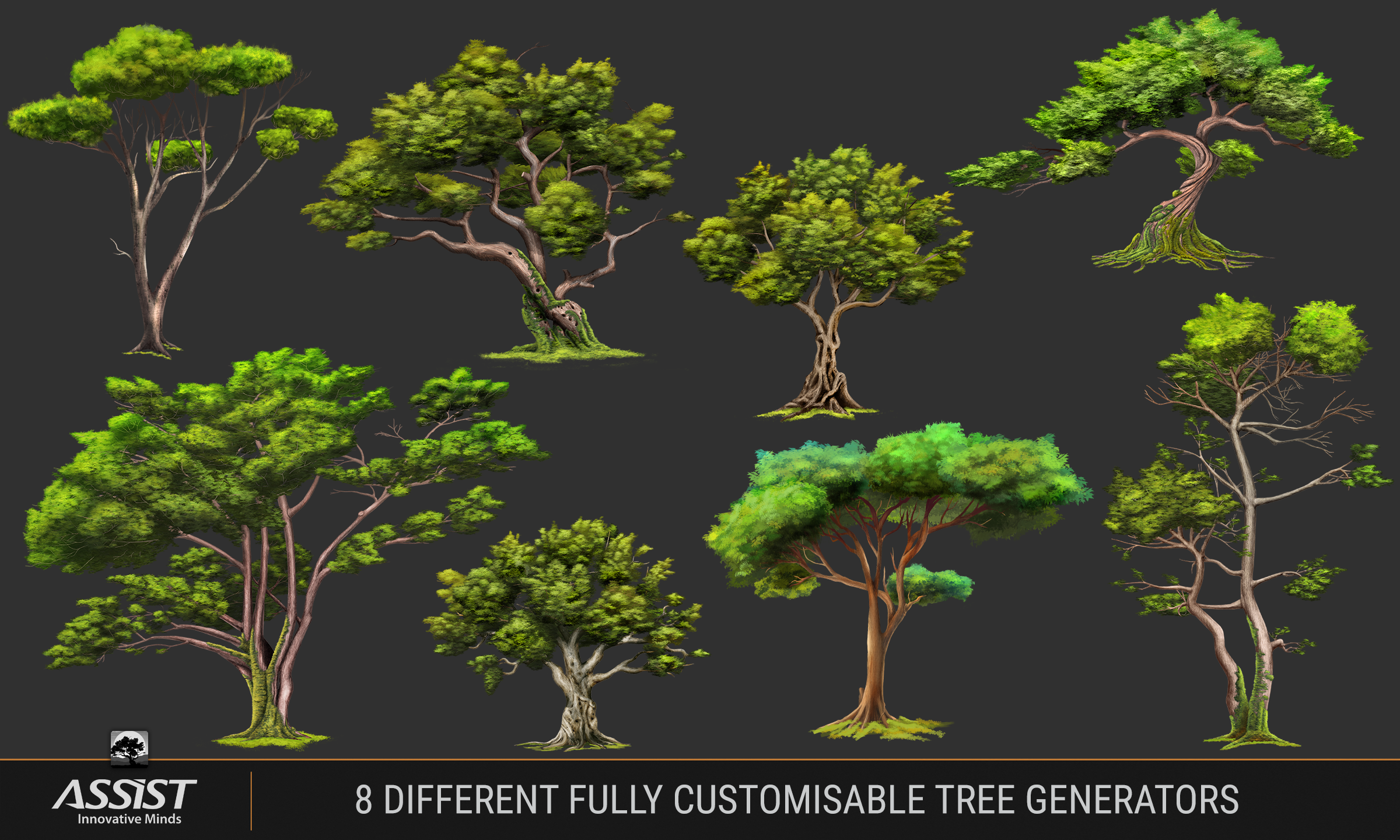 8 different fully customisable tree generators 