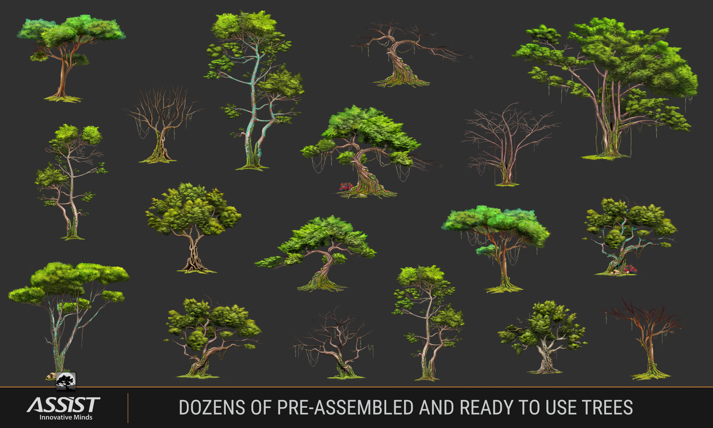 dozens of pre-assambled and ready to use trees 