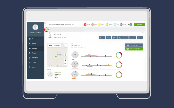 BladeSave Wind turbine control interface on a tablet screen
