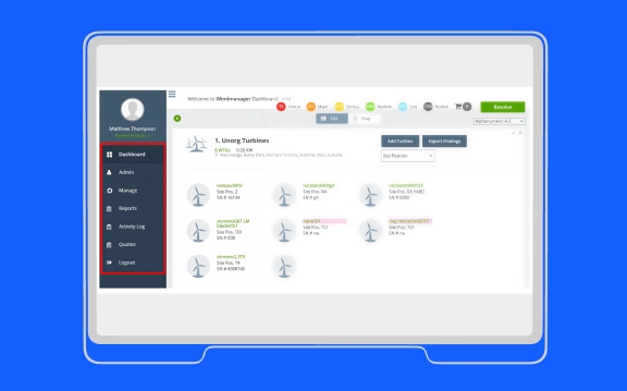 BladeSave Wind turbine dashboard on a tablet screen