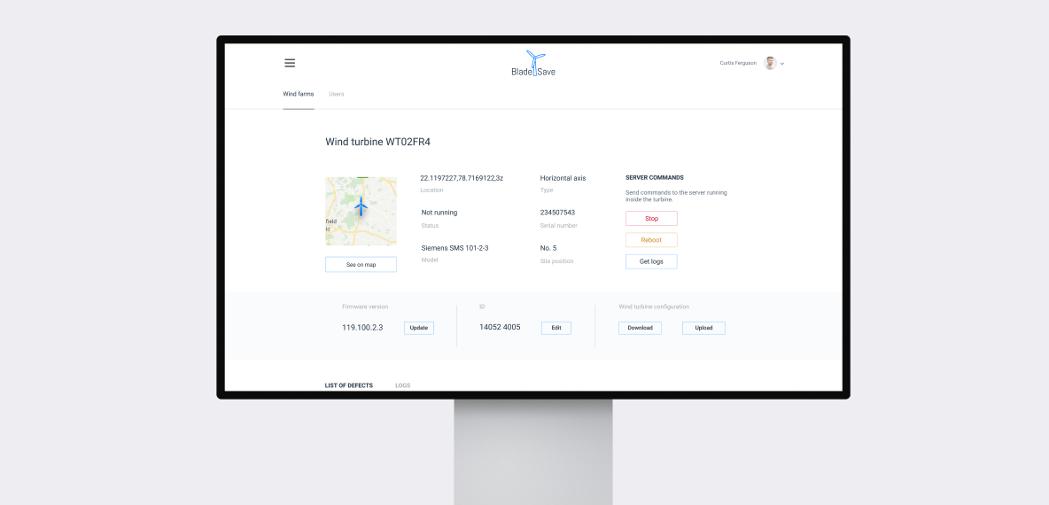 BladeSave wind turbine management interface on a desktop screen