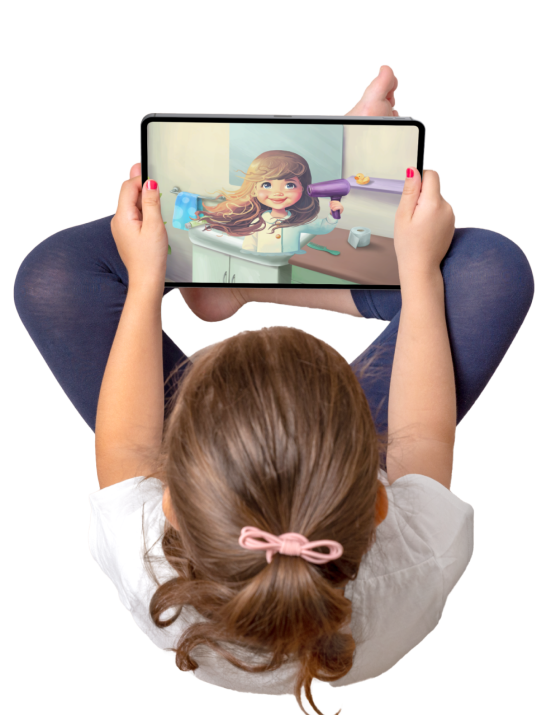 Girl holding a tablet with an Autisma exercise on screen